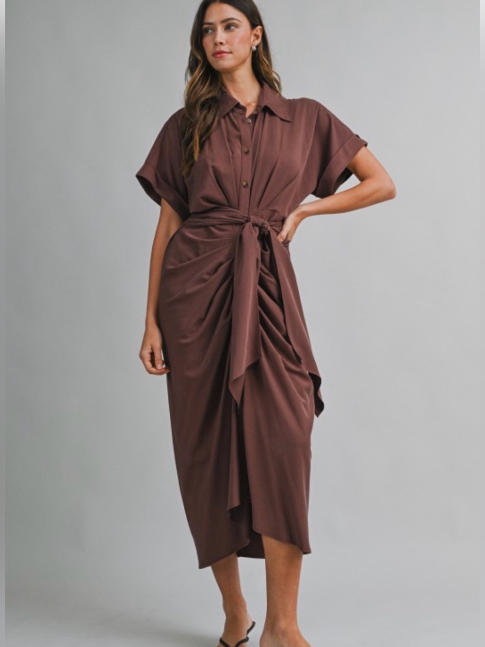 A706. Mable Tie-Waist Shirt Dress in Chocolate Brown - Picture 2 of 7